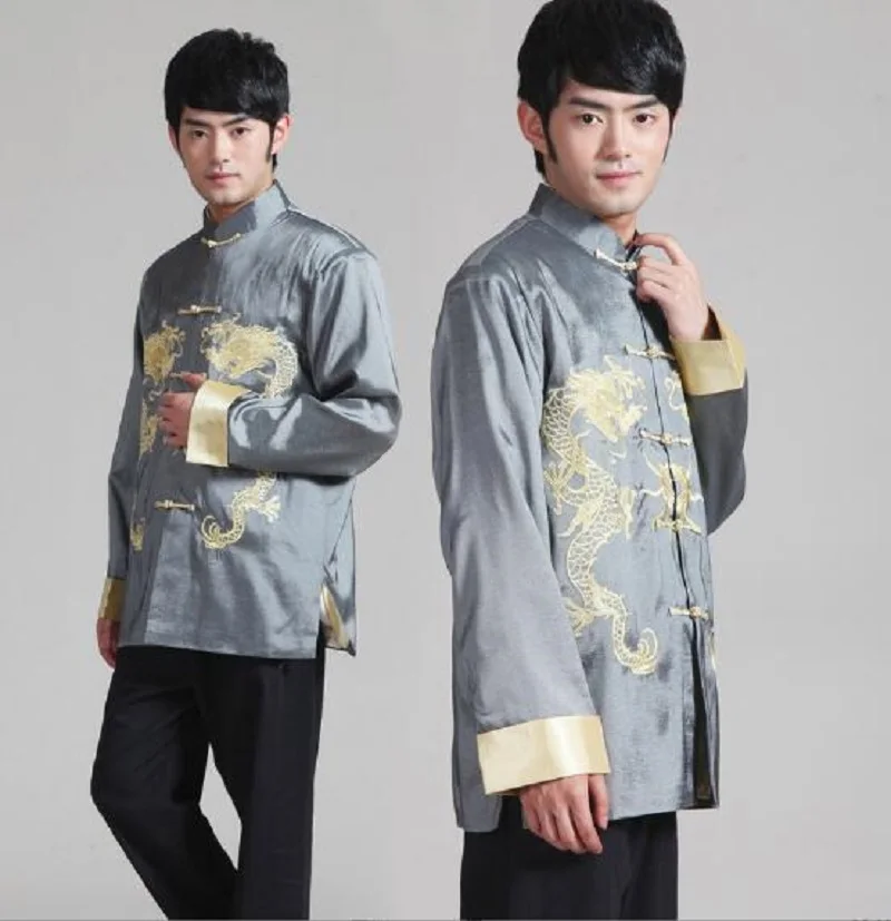 Hot Sale Chinese Traditional Men's Satin Embroidered Golden Dragon Jacket Long Sleeve Tang Suit Kung Fu Coat Casual Top Jackets