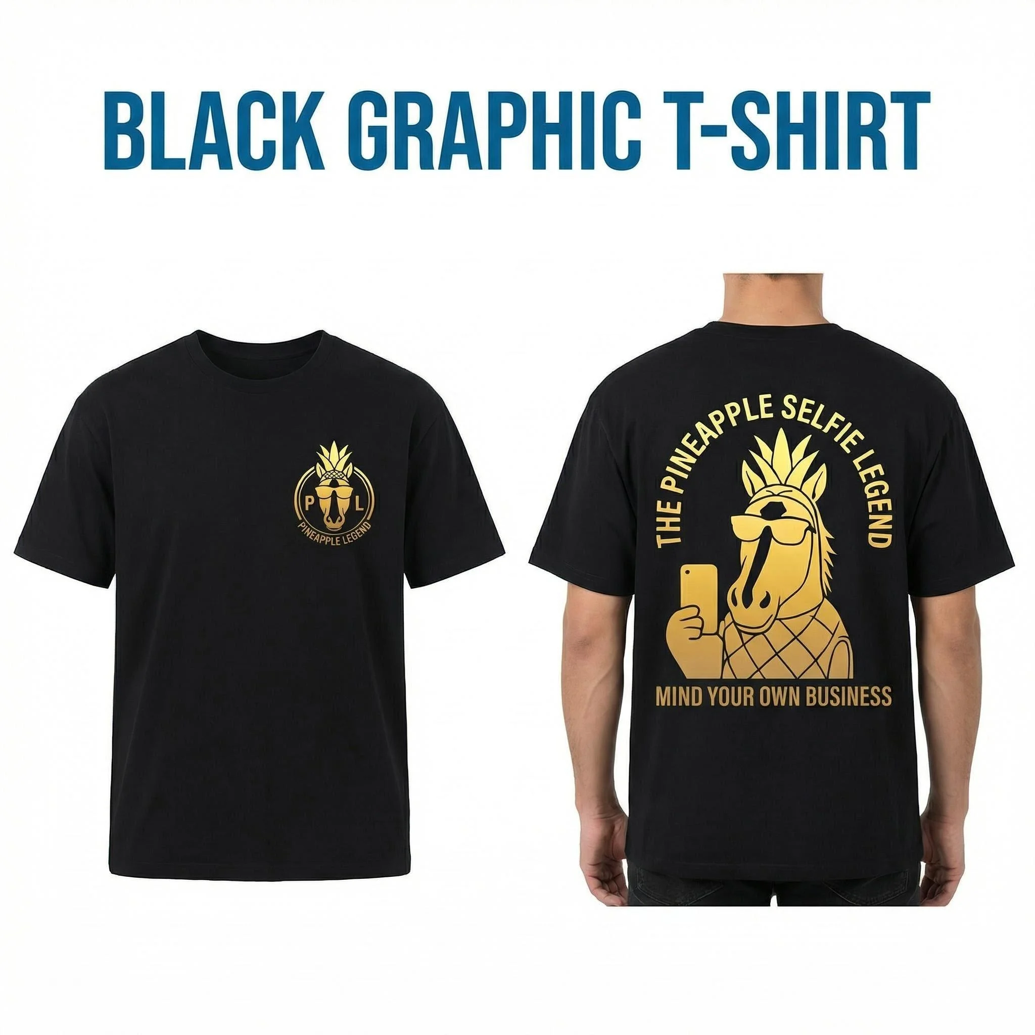 T-shirt amusant avec impression « Pineapple Horse Selfie » et « Mind Your Own Business », décontracté, en coton, à manches courtes, pour hommes et femmes
