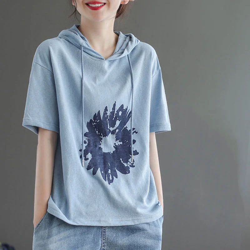 2024 New Summer Slim and Minimalist Versatile Fashion Loose Oversized Casual Printed Short Sleeved Hooded T-shirt for Women