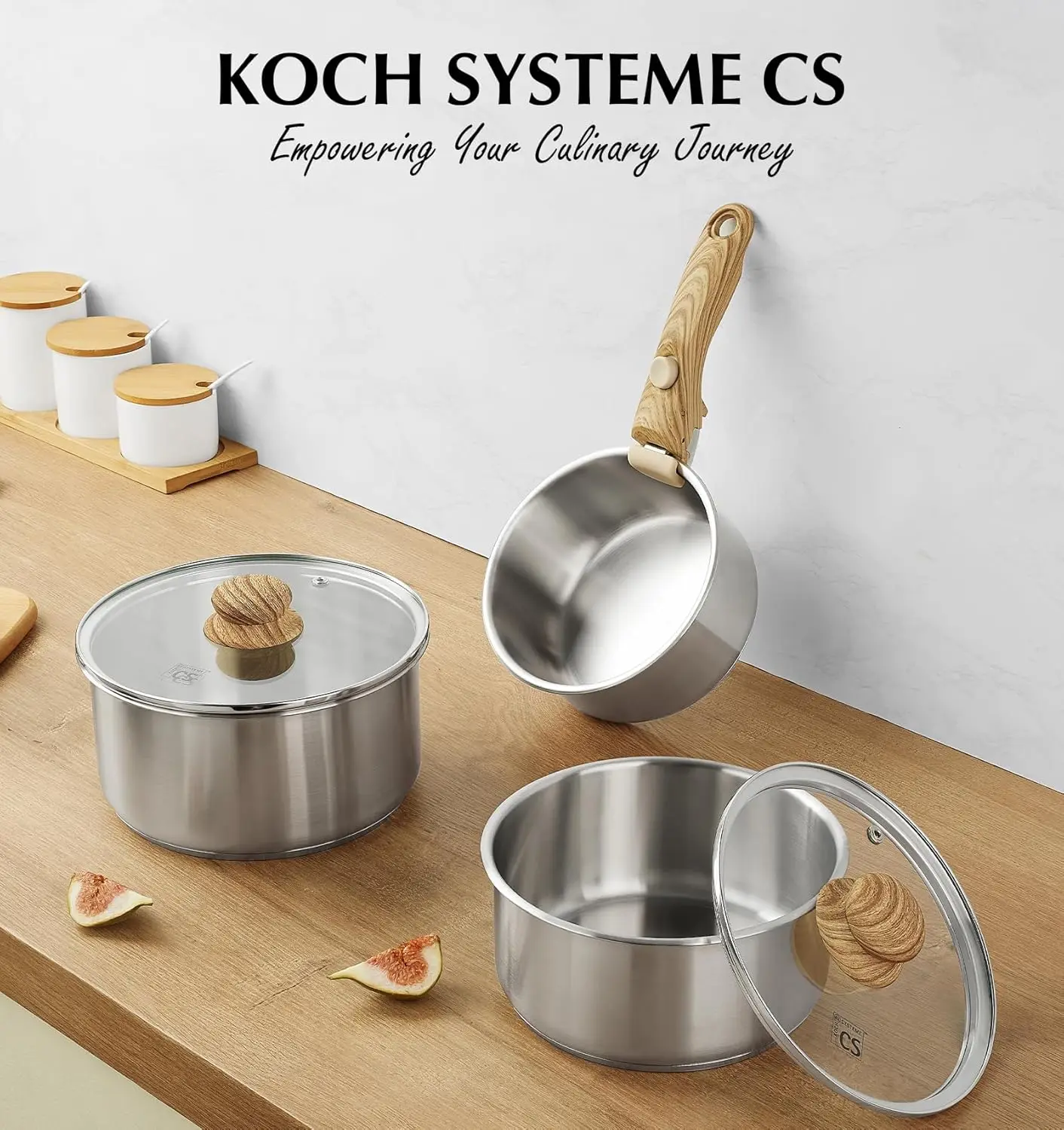 KOCH SYSTEME CS Tri-Ply 18/10 Stainless Steel Saucepan Set with Aluminum Core, Heat Resistant & Removable Handle