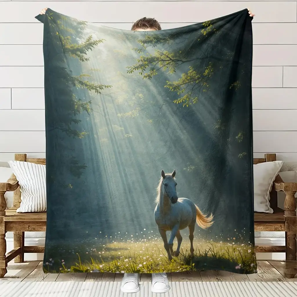 

1pc Soft Flannel Horse Blanket - Galloping White Horse in Forest HD Digital Print, All-Season Couch & Bed Throw, Machine Washabl