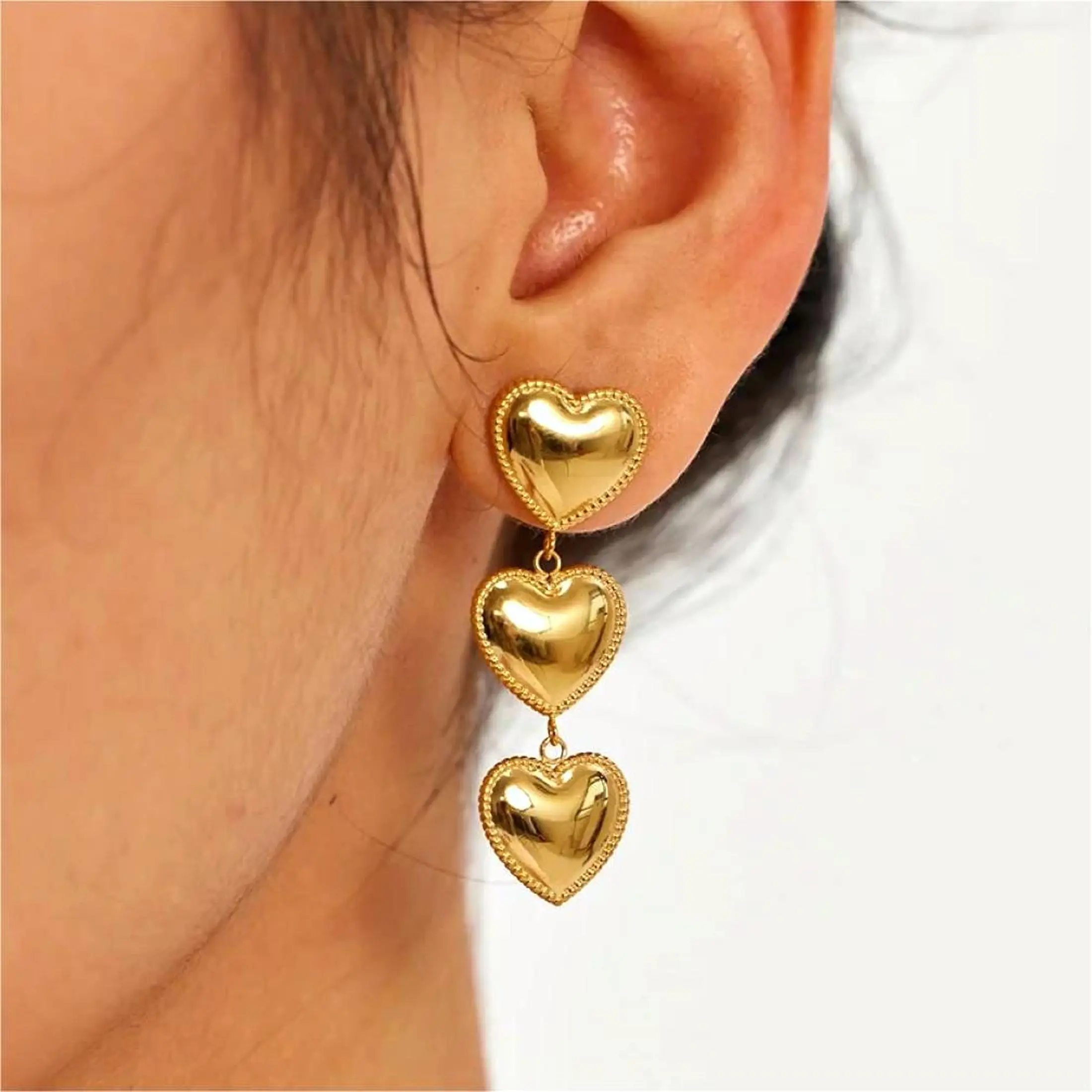 CARLIDANA Vintage Fashion Party Jewelry Earrings Non Tarnish 18k Gold Plated Stainless Steel Layered Heart Drop Stud Earrings