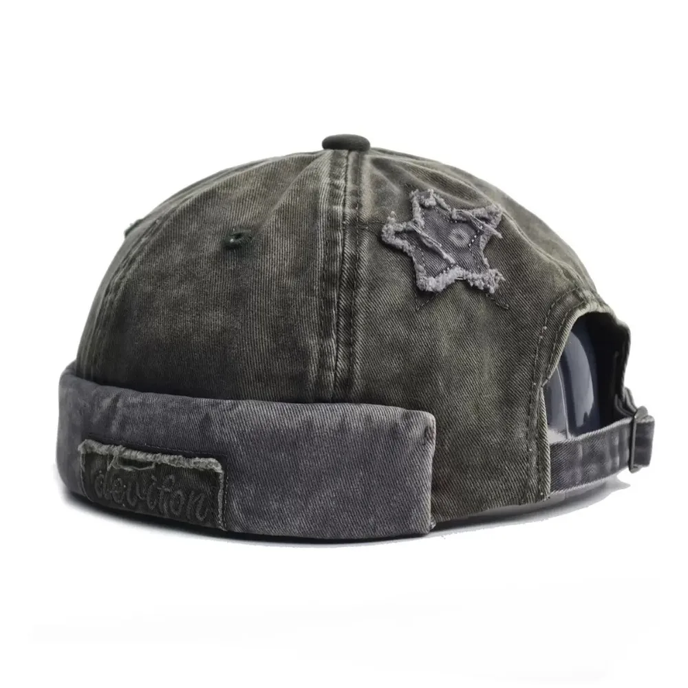 Trendy Adjustable Washed Landlord Cap Solid Color Cotton Brimless Melon Hat Star Splicing Letter Docker Beanie Outdoor