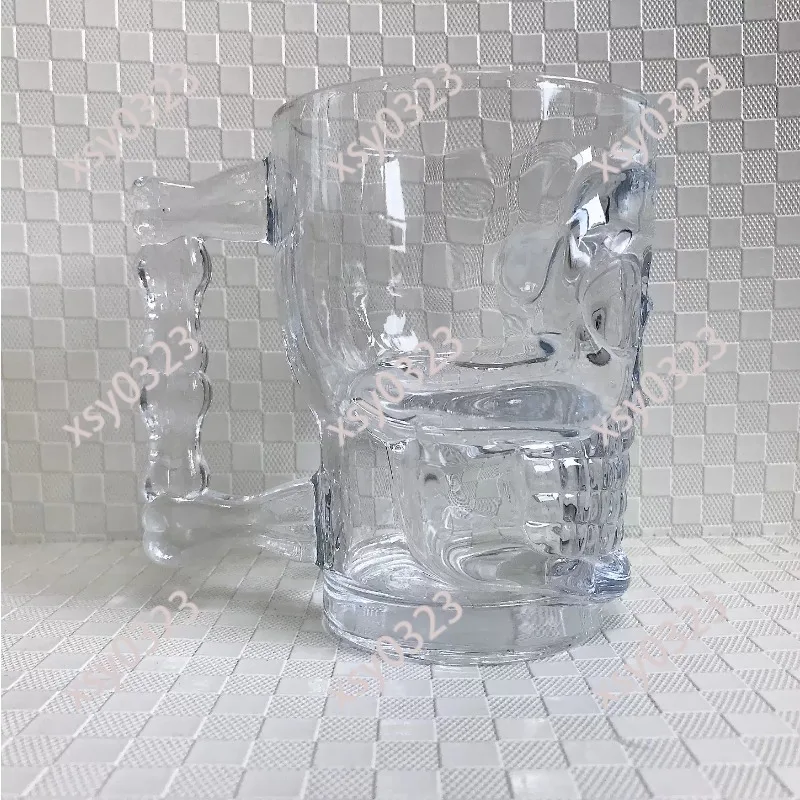 Skull Pattern Tempered Glass Mug with Handle, Transparent Cup for Beer Tea Drink