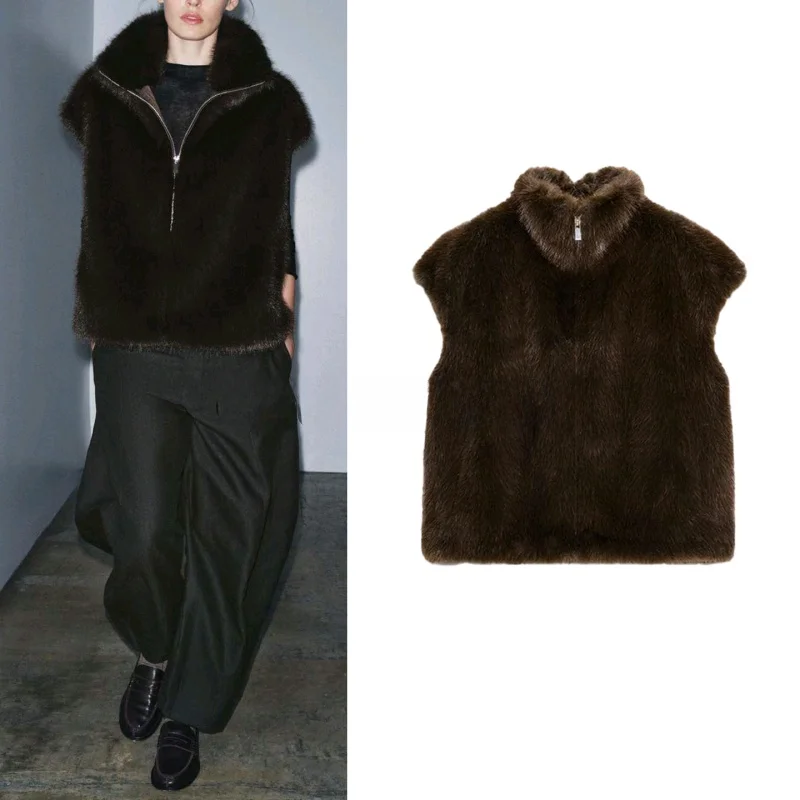 

Metallic Zipper Stand Collar Svel Faux Fur Effect Vest Women's Autumn Winter New Arrival Commute Sle Regular Length