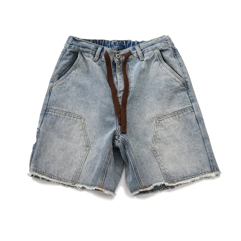 Washed Denim Elastic Waist Shorts Japanese Work Uniform Straight Tube Double Knee Logging Jeans Summer Pants Men