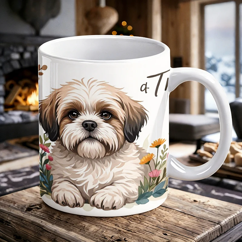 

1pcs cute Shih Tzu floral ceramic cup with handle, creative coffee cup, milk cup, office tea cup, drinking cup, fade-resistant