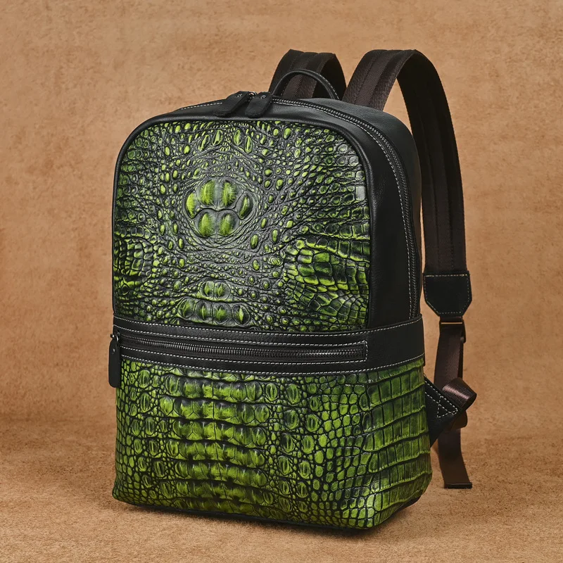 Premium Retro Men's Backpack Genuine First Layer Cowhide with Crocodile Pattern, Multifunctional for Business Travel Student