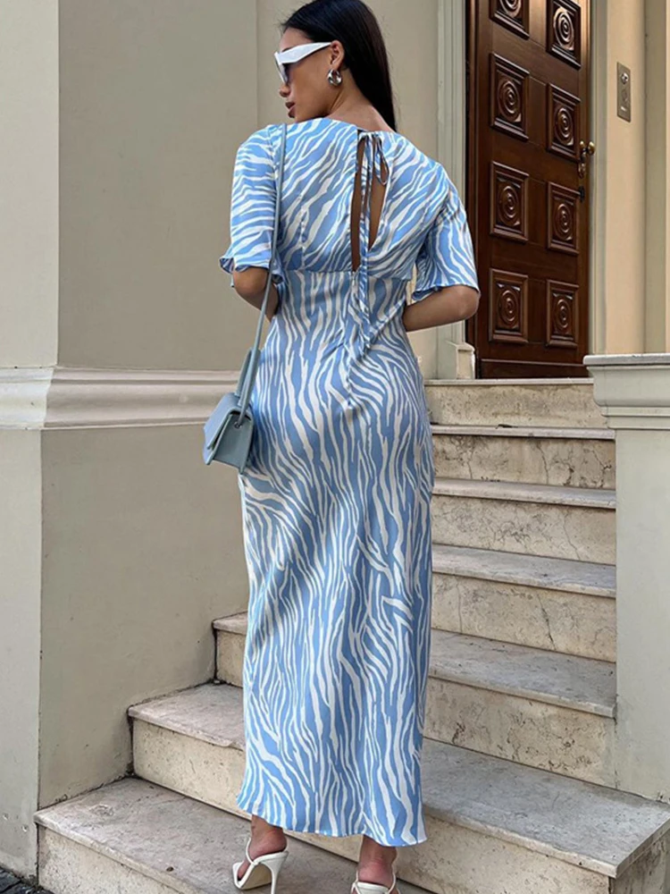 2023 Summer Autumn Printed Flare Satin Midi Dress V-neck Short Sleeve Office Dress For Women