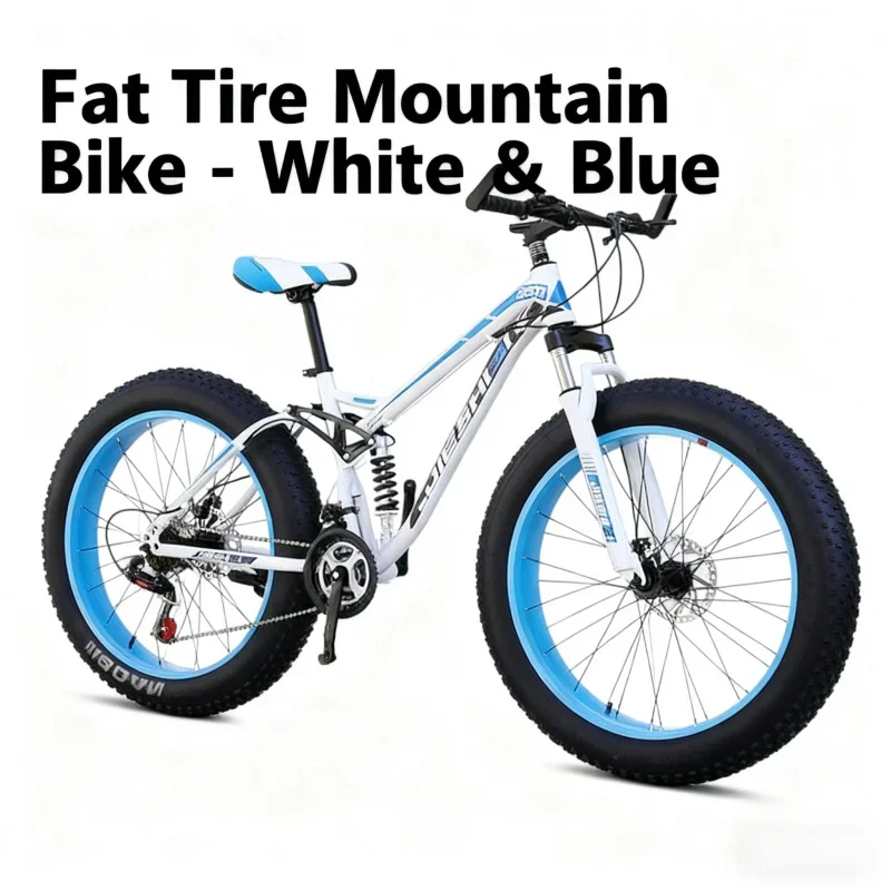 

Adult White Blue Mountain Bike Off-Road Beach 4.0 Large Tire Dual Shock Absorption Variable Speed Bicycle for Men