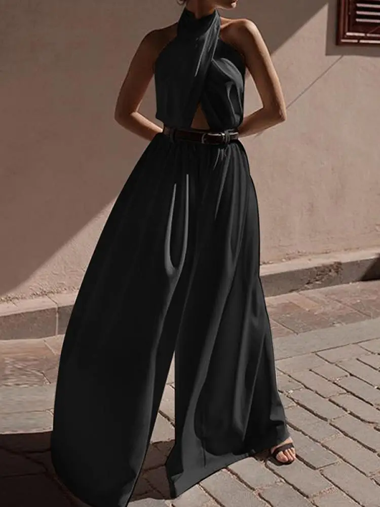 

Missuoo Summer Women's Solid Color Jumpsuit Halterneck Backless Sexy High Waist Overalls Wide Leg Pleated Floor Length Suit