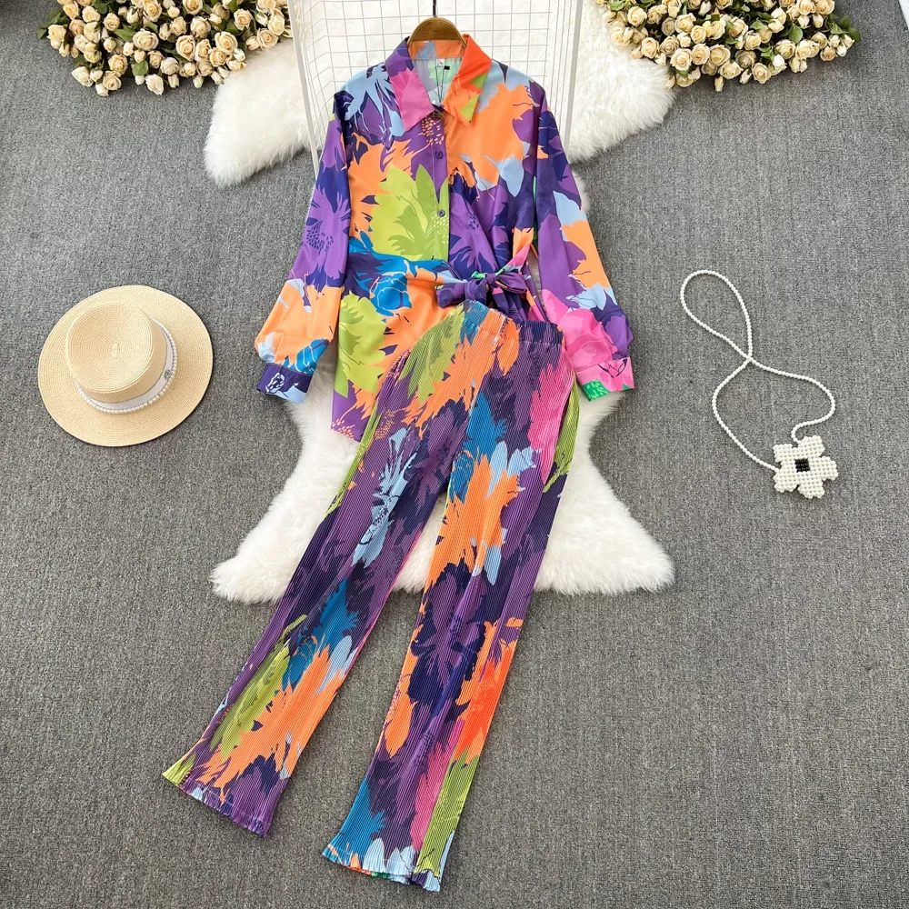 Women Pajamas Set Loose Tie-dyed Trousers Suit Vintage Shirts Blouses Wide Leg Pantsuit Female Fashion Boho 2 Pieces Outfits