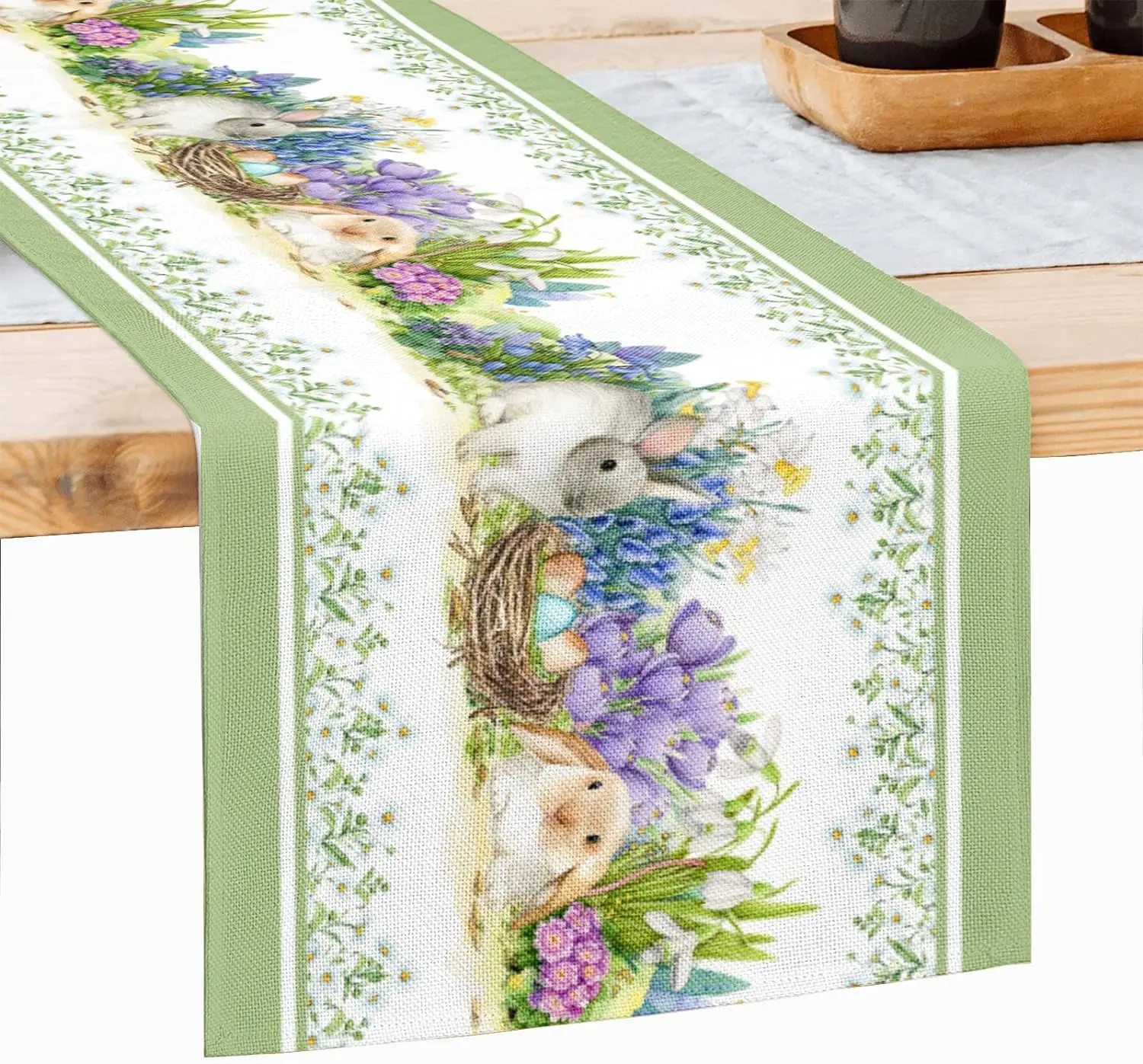 Bunny Rabbit Colorful Eggs Easter Spring Flowers Linen Table Runners Green Farmhouse Easter for Kitchen Dining Table Decorations