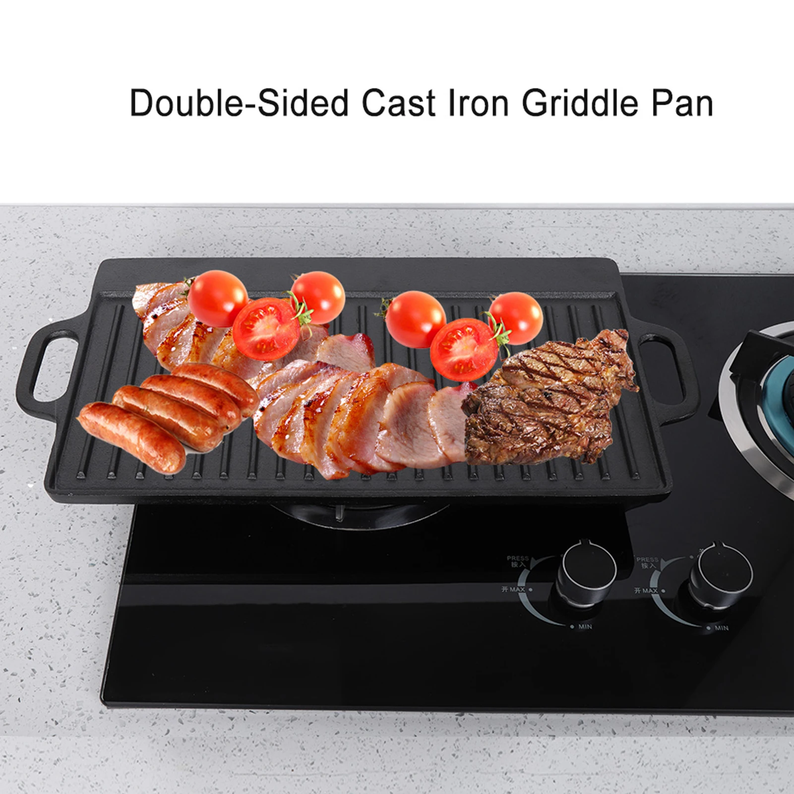 Non-Stick Cast Iron Grill Griddle Pan Ridged and Flat Double Sided Baking Cooking Tray Bakeware Griddle Pan Cast Iron Grill Pan