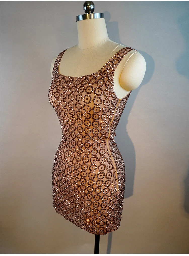 セクシーなステージスパークル Leinstone ノースリーブショートスカートレディースメッシュシースルーお祝いパーティー誕生日パーティー歌手の写真ドレス