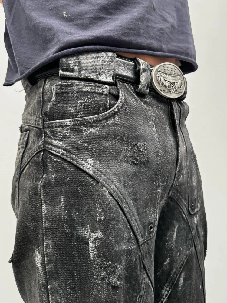 Jeans Masculinos Pretos dos com Pintura, Corte Solto e Perna Reta, Moda Jovem com Corte 3D, Resistentes à Sujeira e g...