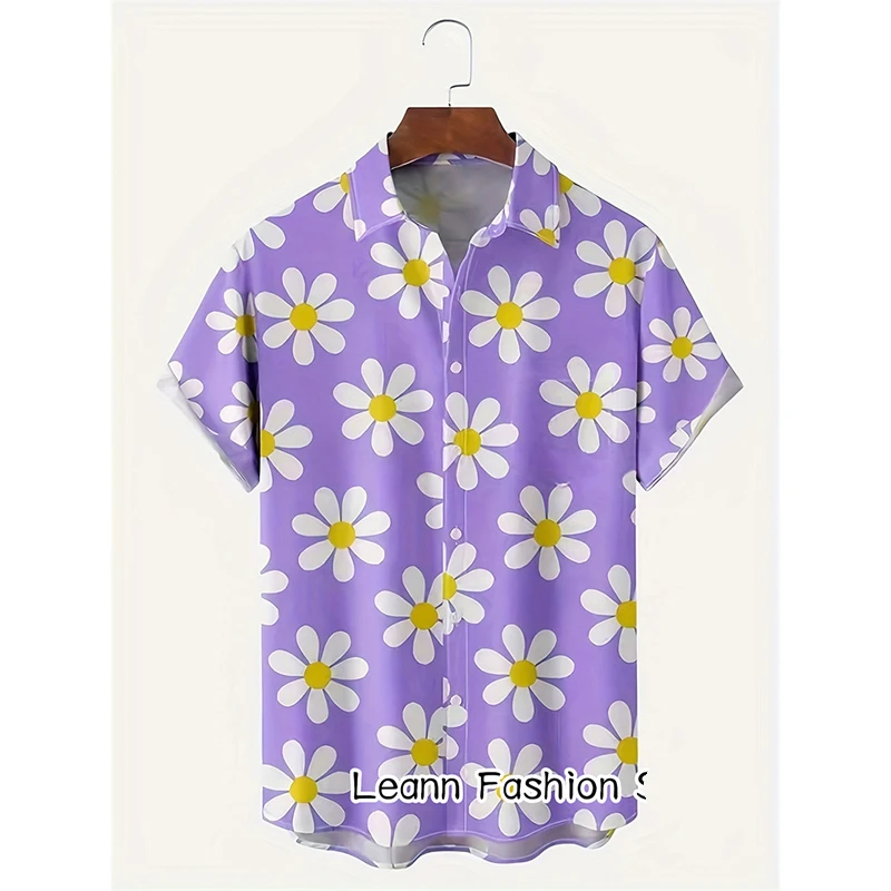 Bohemian Cartoon Daisy Pattern Leisure Shirts For Men Short Sleeve Holiday Beach Loose Button Shirt Summer Fashion Lapel Blouse
