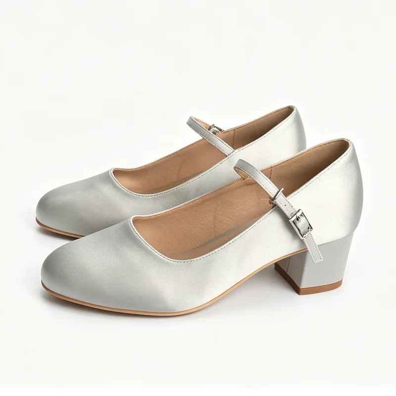 Zapatos de Tacón Bajo de 5CM para Novia, Zapatos de Satén para Vestido de Fiesta Formal, Zapatos de Tacón Cerrados Tipo Mary Jane para Mujer