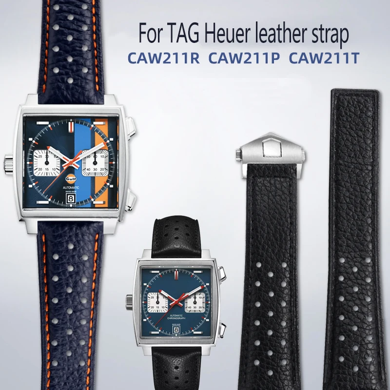 22mm Bracelet For TAG Heuer Watchband Monaco Series Square Wristband Carlisla Racing Leather Waterproof Watch Strap Men\'s Blue