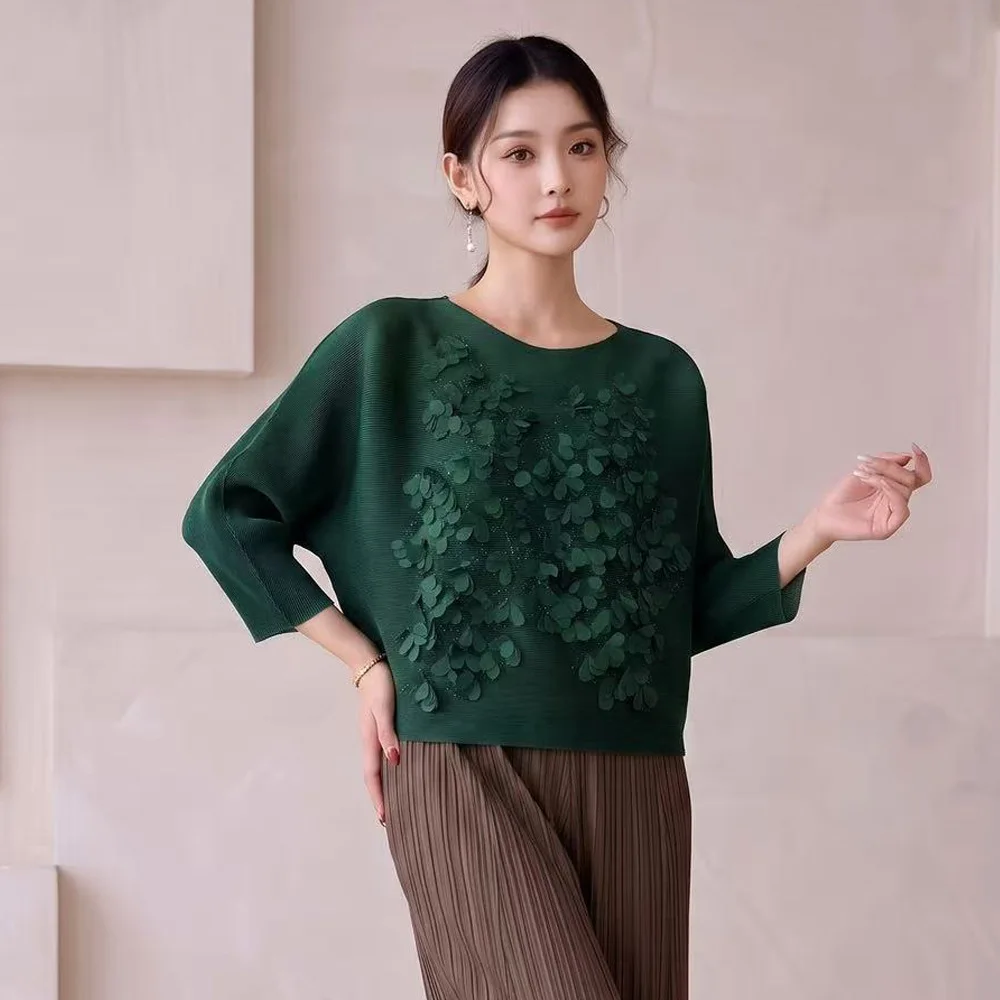 Miyake Women Pleated Blouse Round Neck 3D Petal Appliqué 3/4 Batwing Sleeve Loose Elegant Miyake Style Top