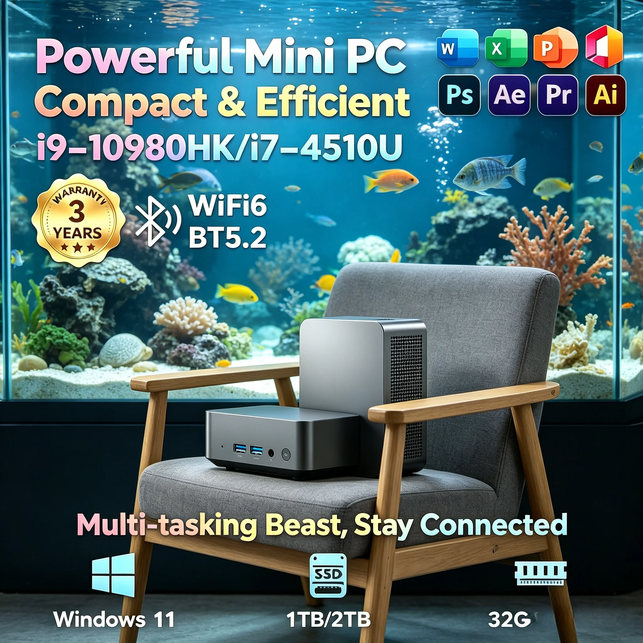 Laptop Lightweight Mini Host I3-6006U Win11 Pro 4K Video Play Wireless WiFi6 BT5.2 Desktop PC