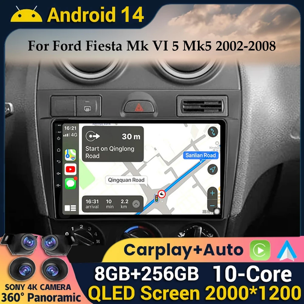 

Автомагнитола на Android 14 для Ford Fiesta Mk VI 5 Mk5 2002-2008 мультимедийный GPS 2 Din DVD Carplay навигационный плеер стерео 2K QLED 4G