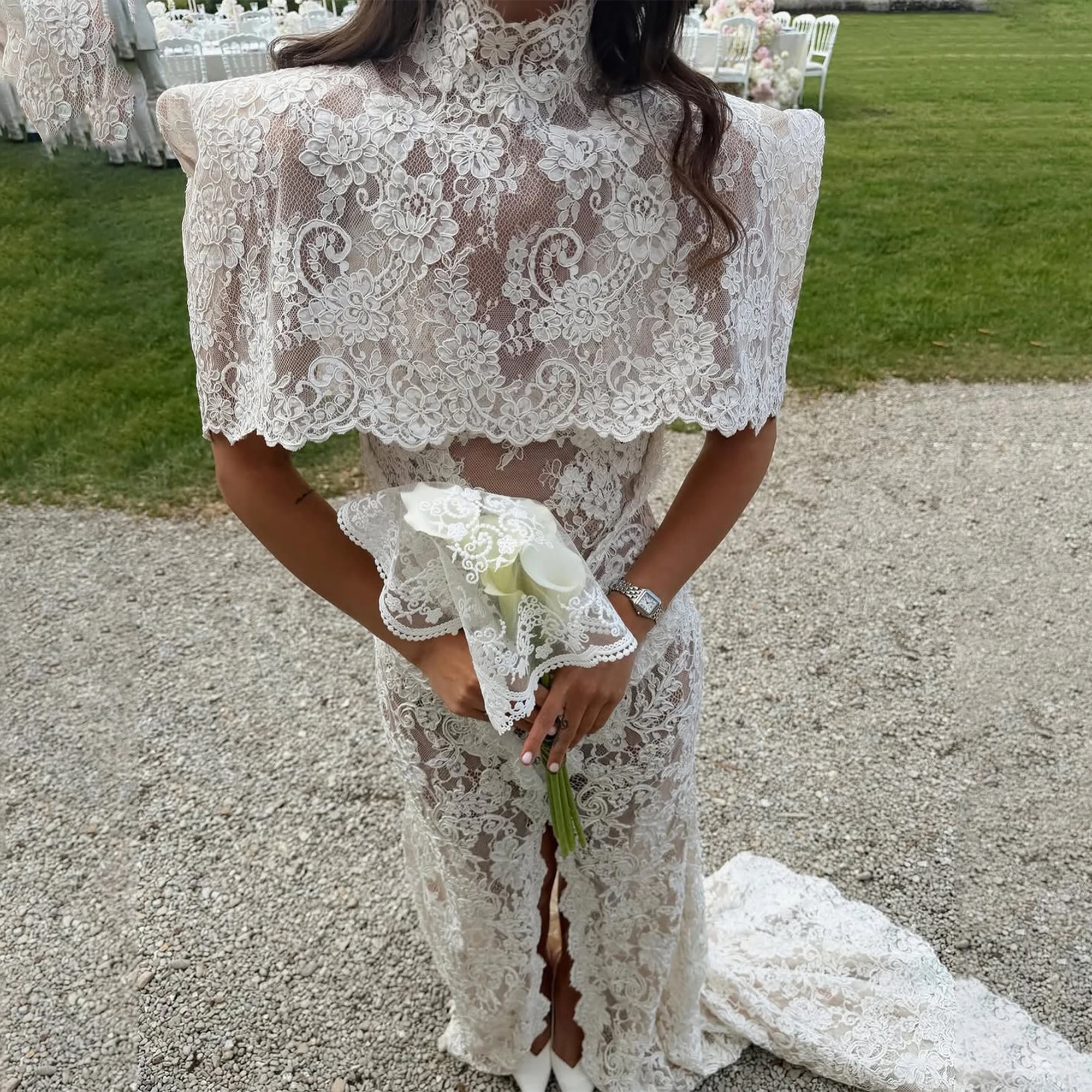 Luxury Wedding Dresses Cape Sleeve Mermaid Backless Lace Applique High Neck Long Bride Gowns Side Split Vestidos De Novias