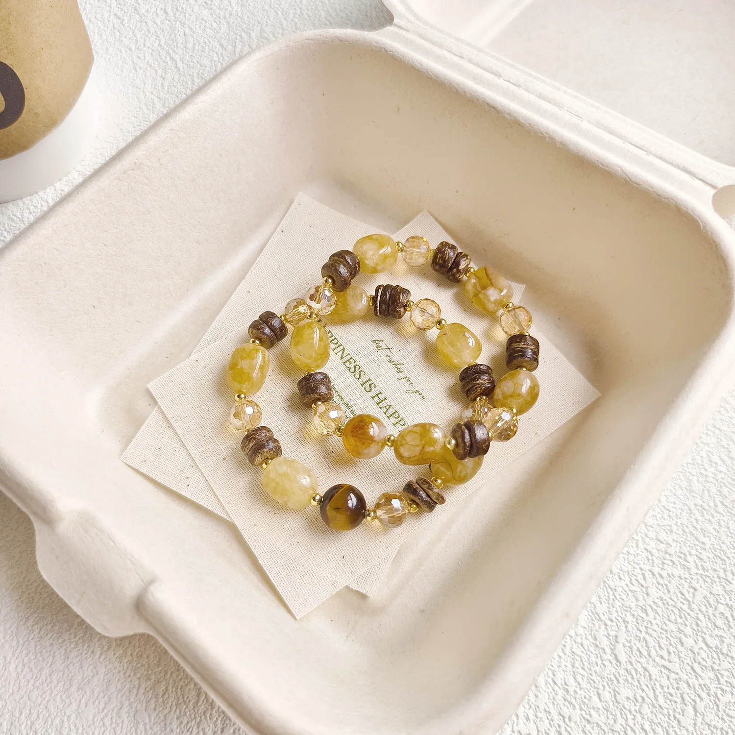 Yellow Tower Crystal/Tiger's Eye Charm Vintage Irregular Yellow Crystal Coconut Shell Stretch Strand Beaded Bracelets for Women