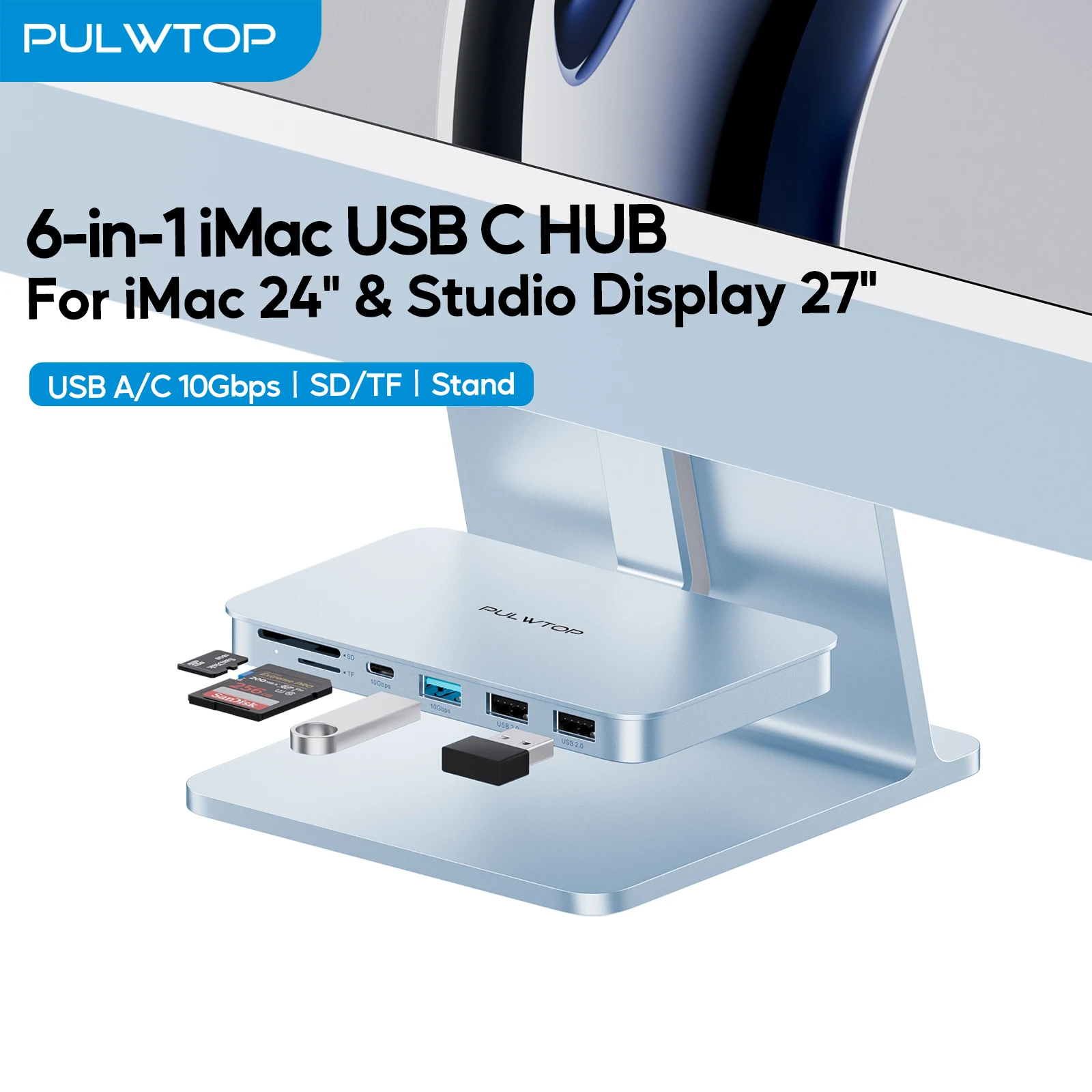 PULWTOP iMac USB Hub with USB-C 10Gbps, USB-A 2.0, SD/TF Card Reader for iMac 24-inch & Studio Display 27-inch