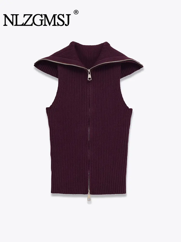 

NLZGMSJ Vintage Casual Women Vest Solid Zipper Sleeveless Knitted Sweaters New Fashion 2026 Spring Female Holiday Chic Tops