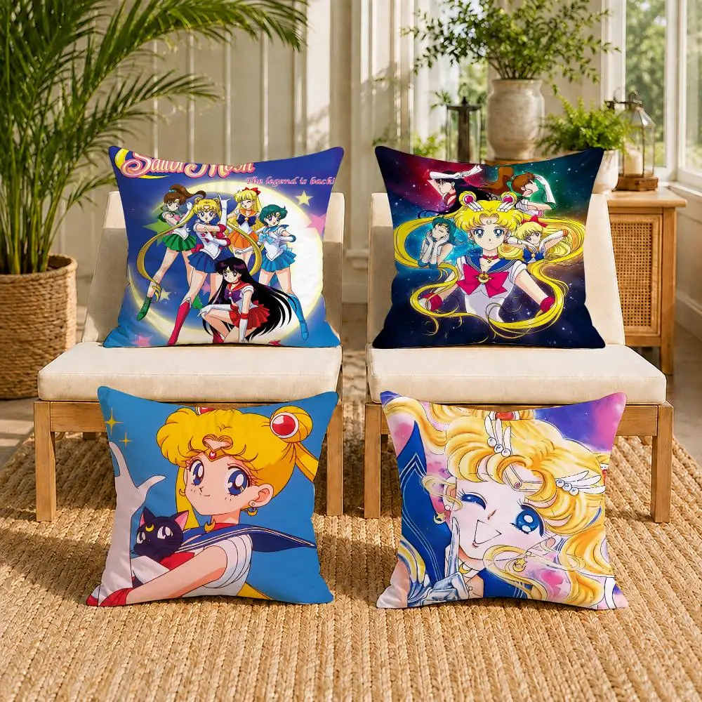 S-Sailor Moon Anime Cushion Cover Soft Short Plush Double-Sided Print Throw Pillow Case Home Decor Gift