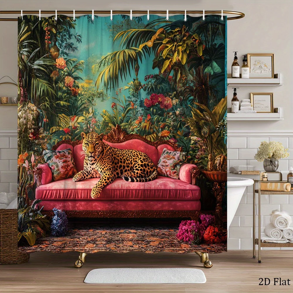 1pc Luxurious Jungle Lounge Shower Curtain with Leopard on Pink Sofa & Tropical Plants Design - Durable Polyester, Washable Bath