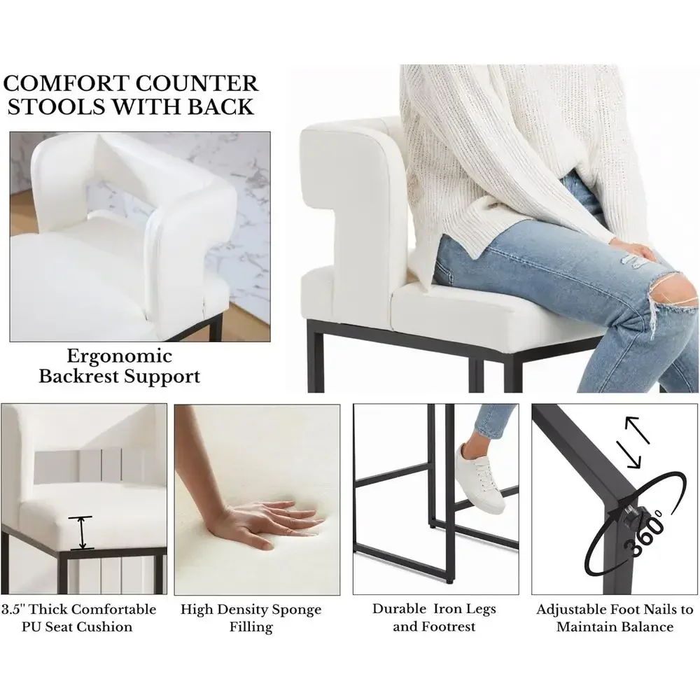 Set of 2 White Leatherette Counter Height Bar Stools with Open Back and Black Metal Frame for Kitchen Island view 4