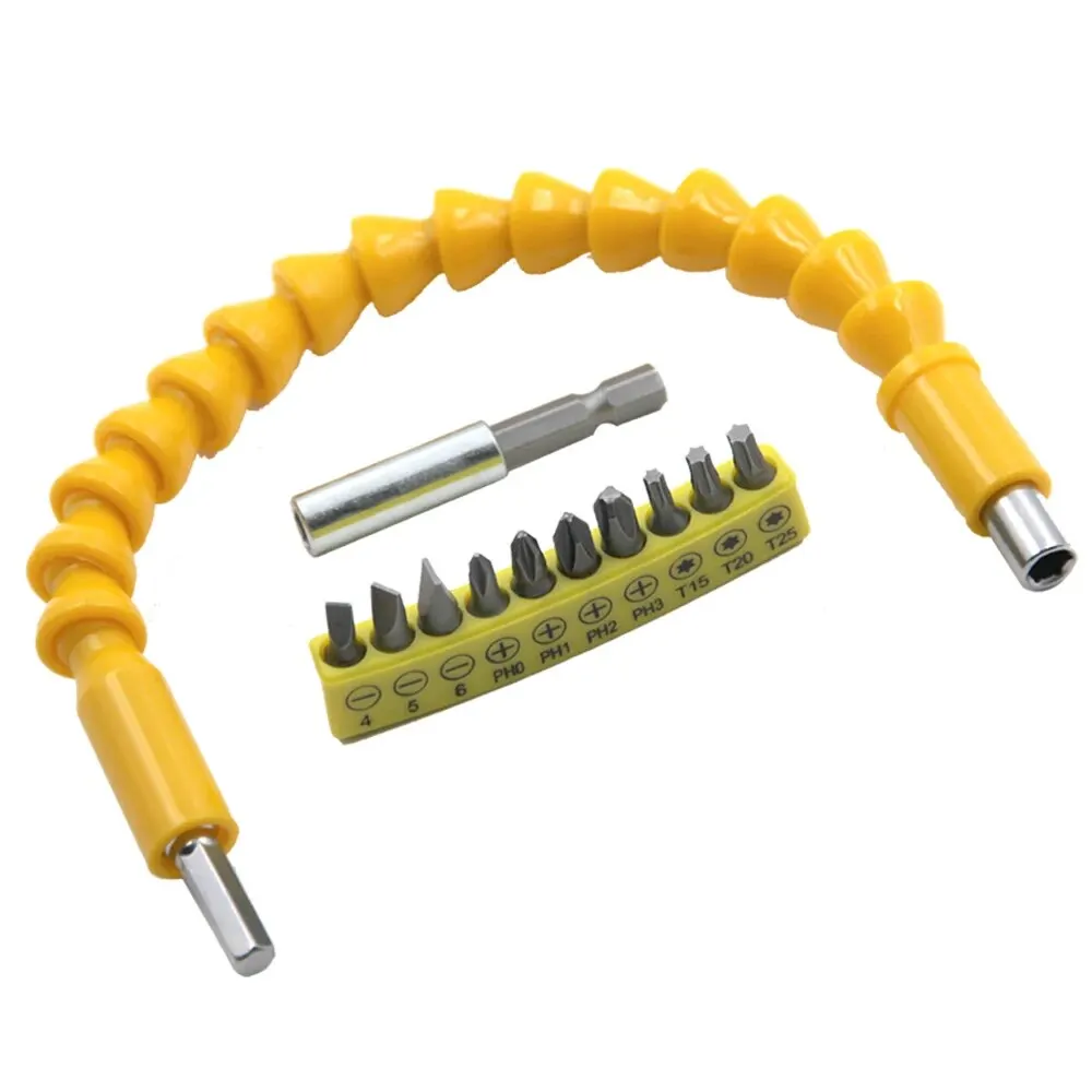 10pc Adhesive Strip Screwdriver Bit 60mm Hex Shank Extension Rod 300mm Yellow Universal Flexible Shaft Hand Tool Set