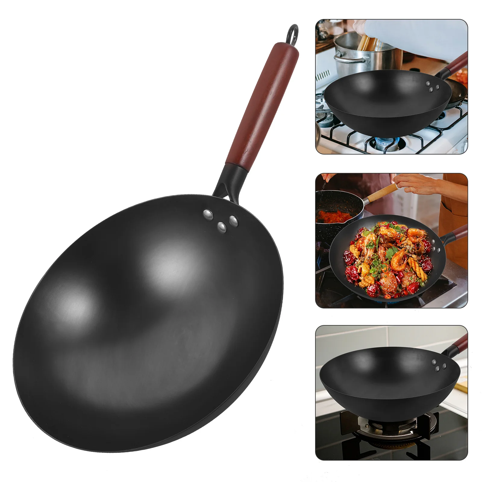 

Small Iron Wok Wooden Handle Nonstick Frying Pan Traditional Round Bottom Kitchen Cooking Pan Gas Stove Kitchenware