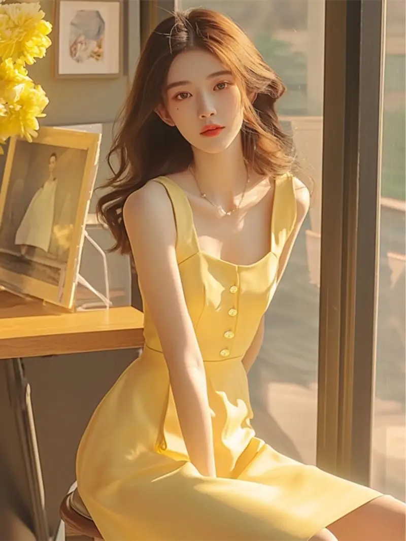 Women\'s Yellow Elegant Sleeveless Dress, Korean Fashion, Street Casual Summer Dress for Women, New, 2024