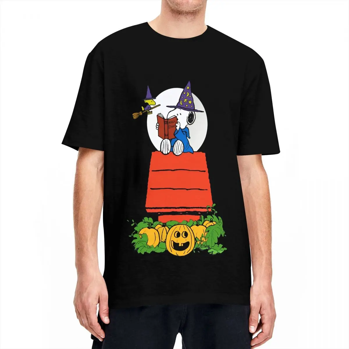 Men T-Shirt Peanuts Snoopy Woodstock Doghouse T-Shirts Halloween Pumpkin Beach Tee Shirt Casual Pure Cotton Clothes Gift Idea