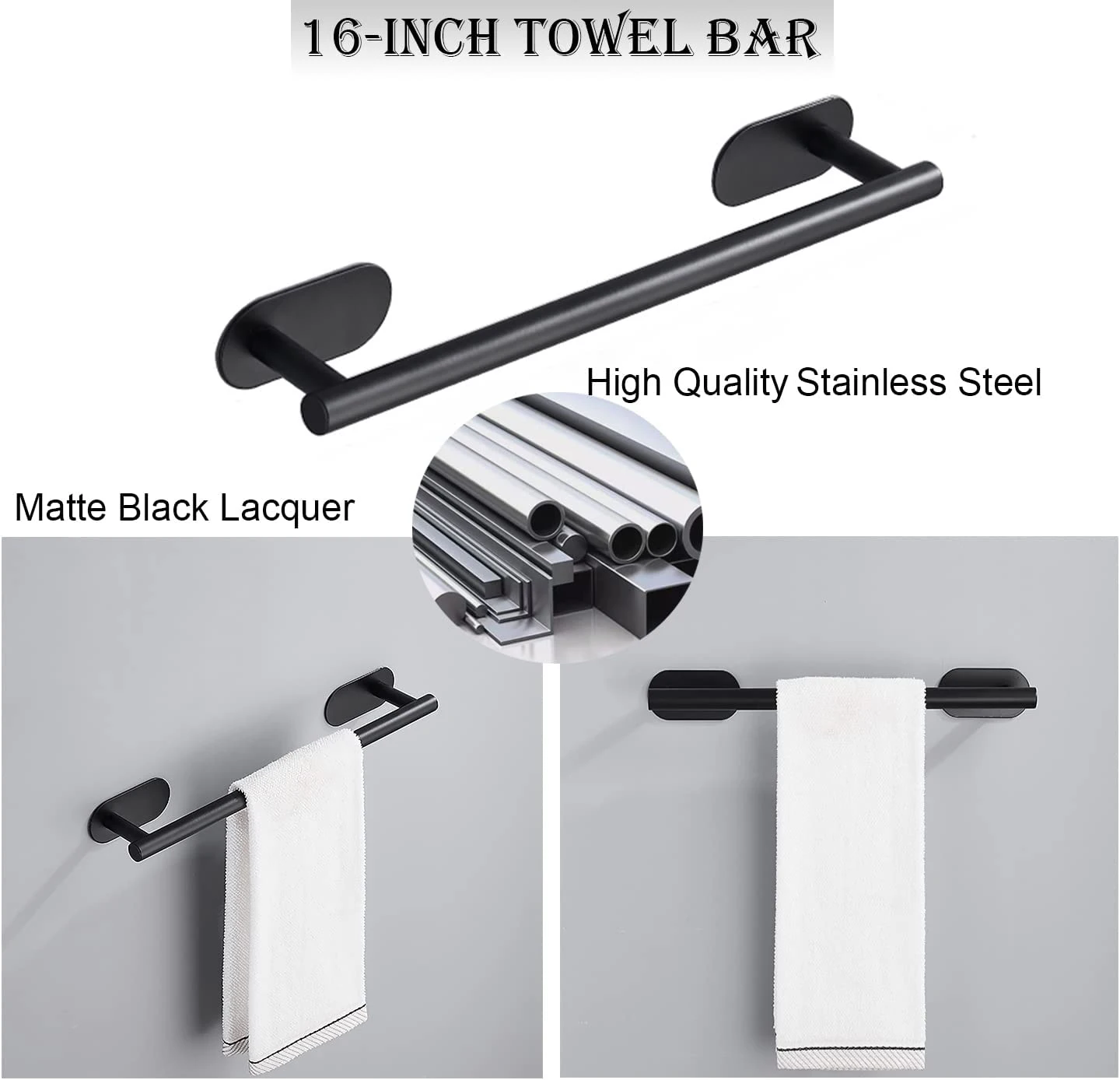 Self Adhesive Towel Bar Black Stick On Bath Towel Rack No Drill Stainless Steel Towel Holder Bathroom Accessories