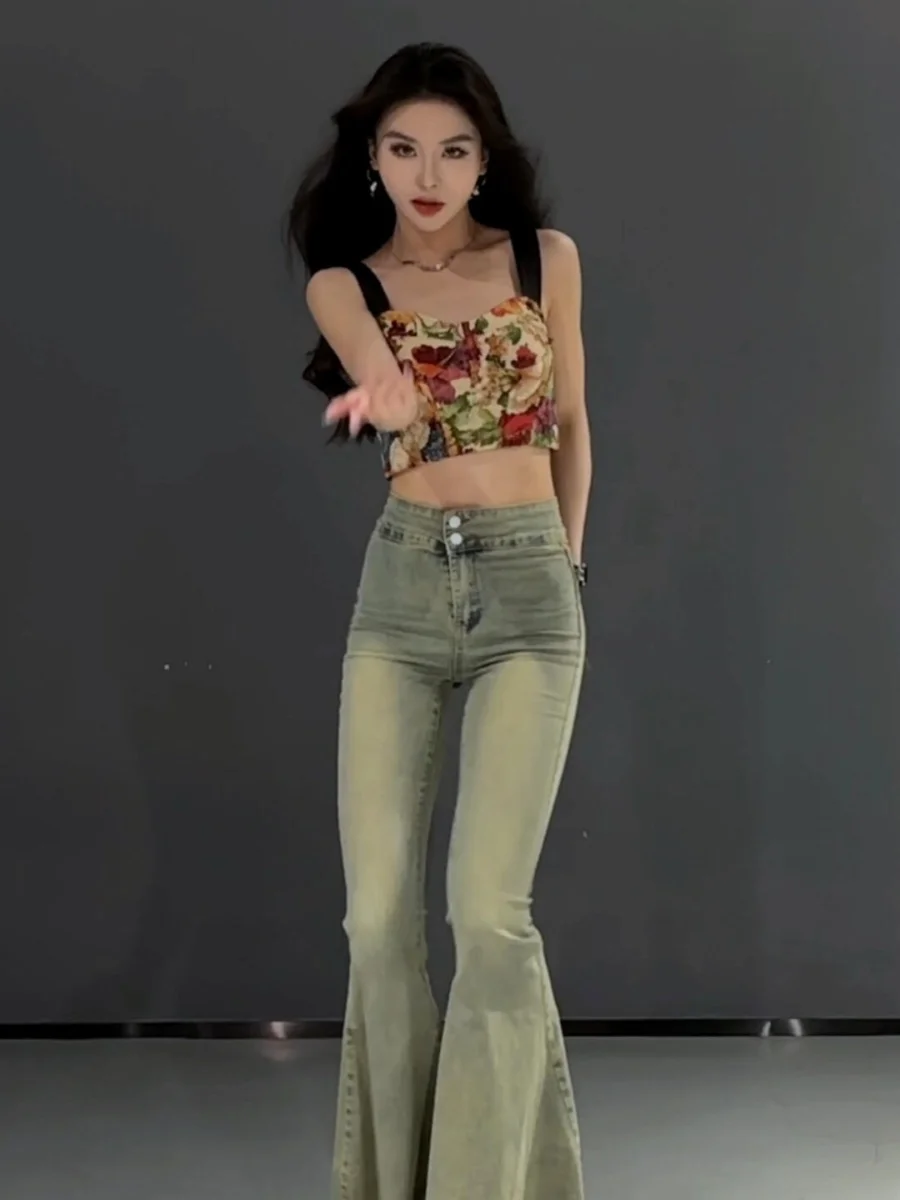 Retro High Waist Bell Bottom Denim Jeans Women's Summer Sweet Cool Spicy Girl Elastic Frayed Cotton Stretch Slimming  Ho...