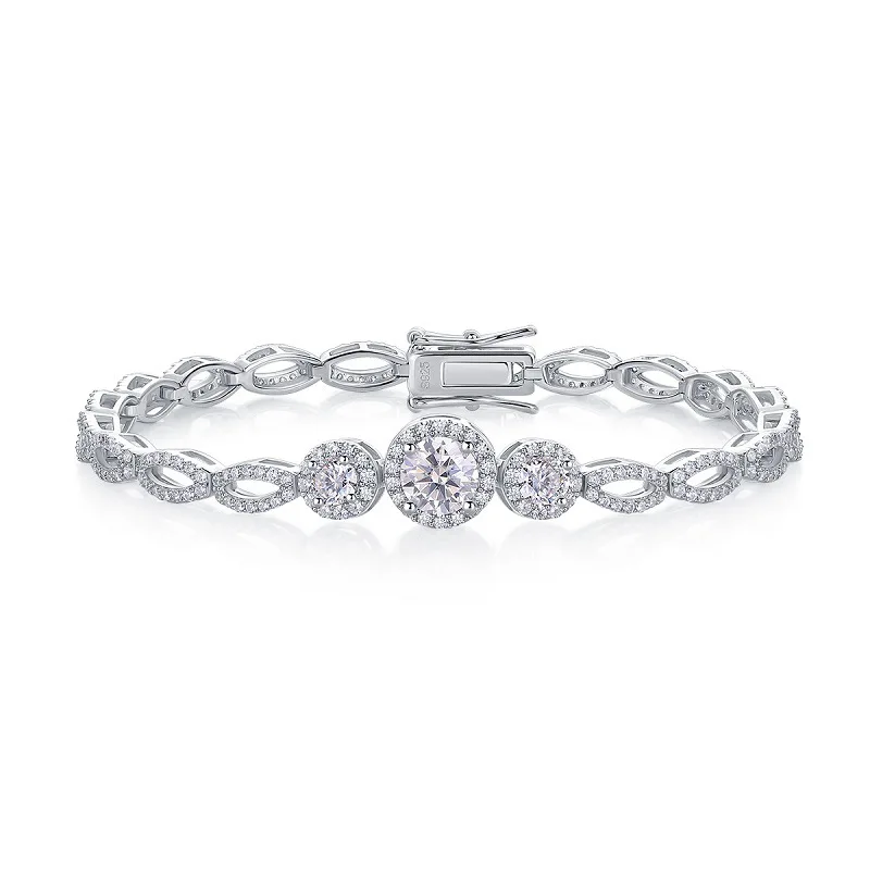 Eternal Love Infinity Moissanite Bracelet, 1CT Center Halo Stone, S925 Silver Sparkling Jewelry for Women Wedding Gift