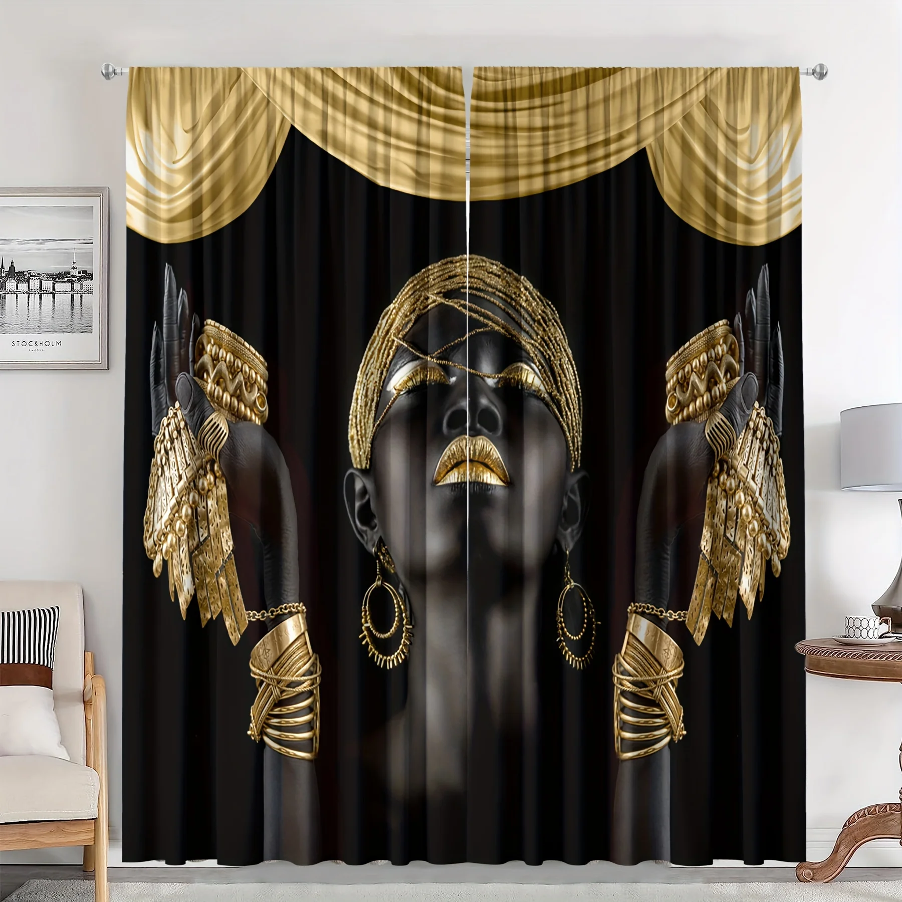 2pcs Eclectic Style Black Gold African Figures Printed Curtain Panels Set with Rod Pocket Window Drapes for Living Room cortinas