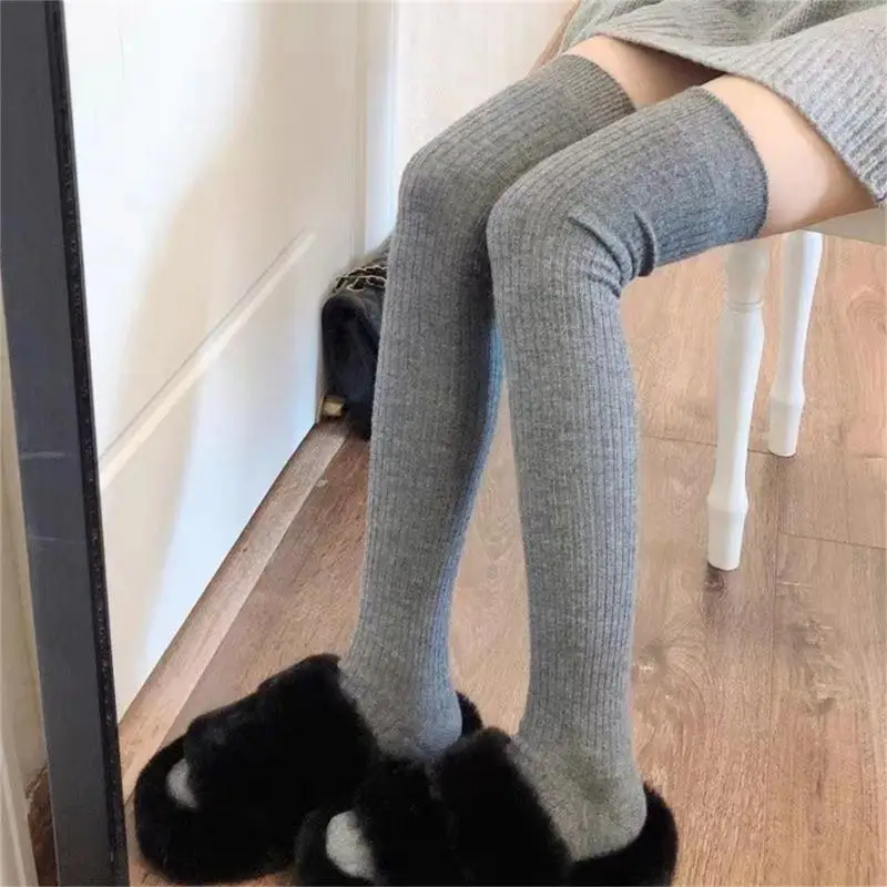 

L5YC Solid Color Over Knee Long Socks Women Ribbed Knit Striped Thigh High Stockings