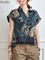 ZANZEA 2024 Summer Vintage Floral Printed Blouse Women Tops Bohemian Short Sleeve Shirt Retro Lapel Neck Casual Loose Blusas