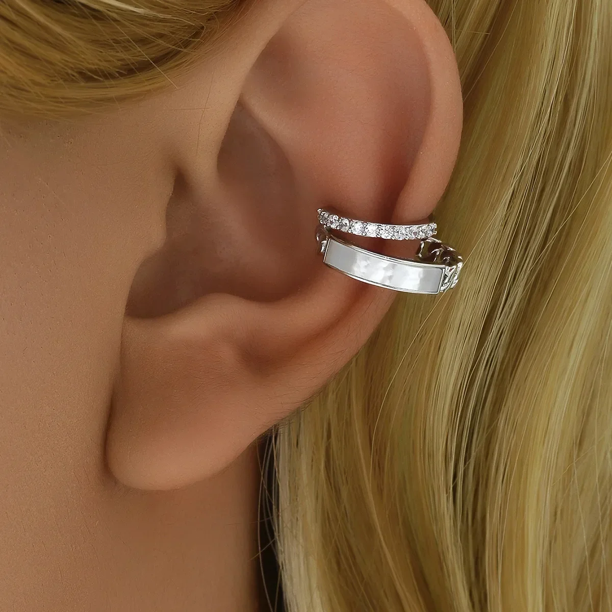 

Fashion All-Match Micro-Inlaid Double-Layer Chain Natural Shell Ear Clip High-Grade Non-Pierced Ear Bone Clip Earrings