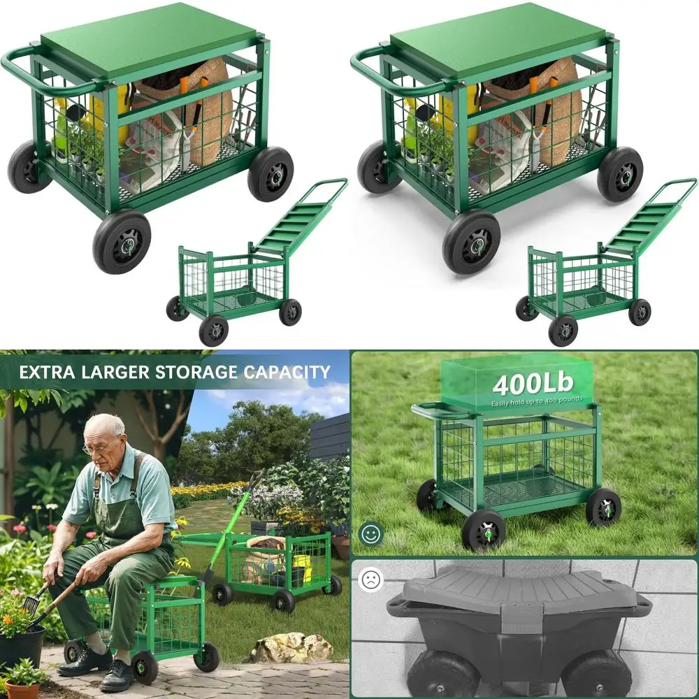 

Heavy-Duty Rolling Garden Seat Cart with Wheels, Green, for Seniors and Outdoor Gardening