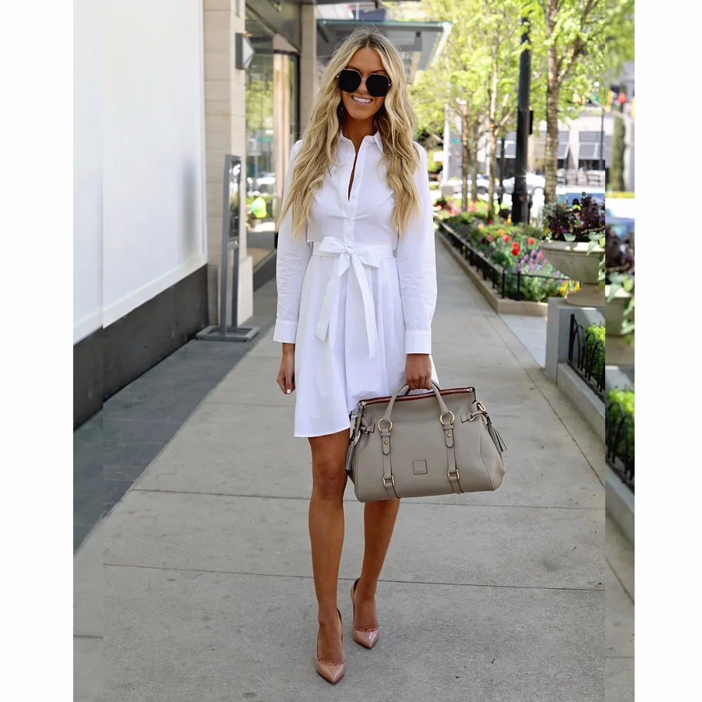 Dopasuj codzienną, białą sukienka średniej długości, z długim rękawem, luźną sznurowany pas koszula damska sukienkę