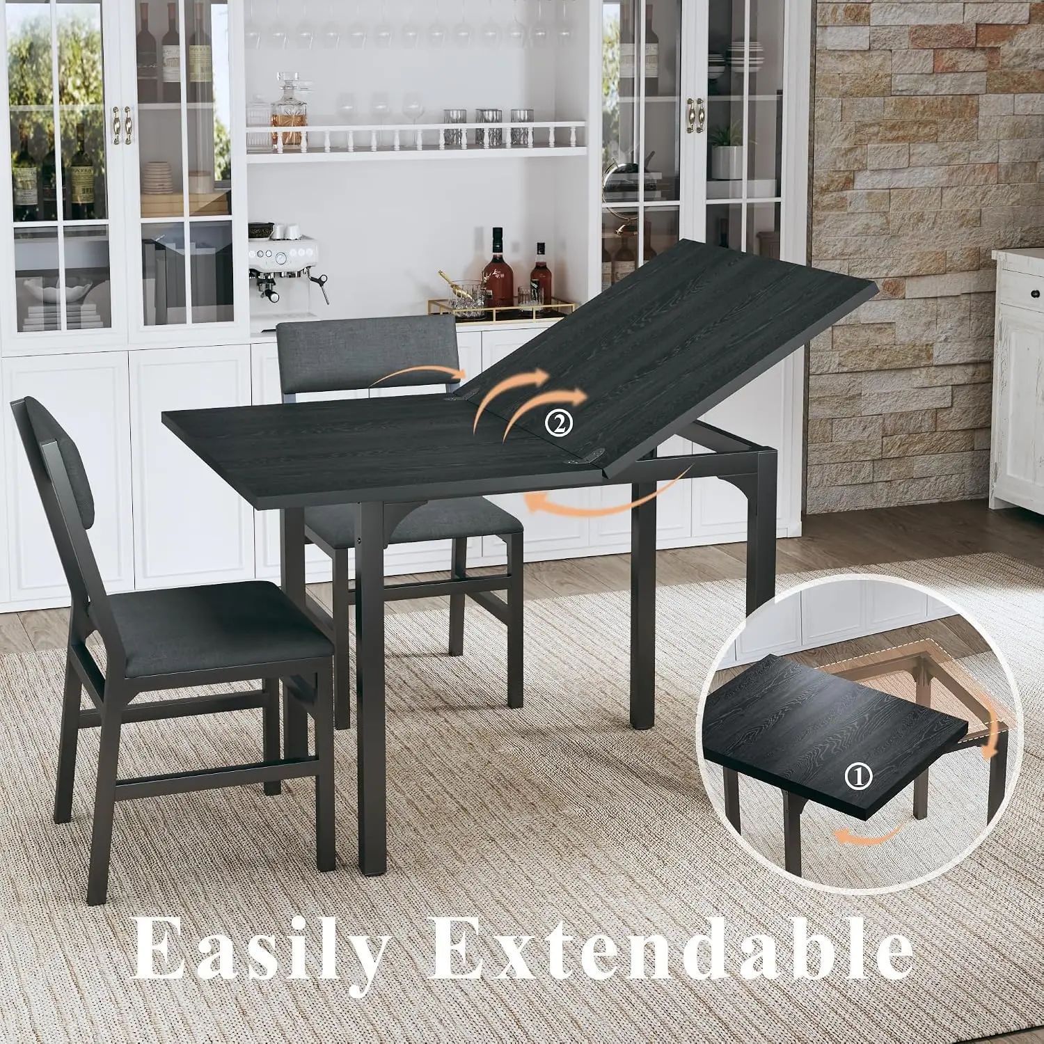 Extendable Dining Table Set For 4 Rectangular Kitchen Table With 4 Cushion Chairs Heavy Duty Metal Frame Wooden Surface Folding Space Saving Furniture For Small Apartment Living Room, Black