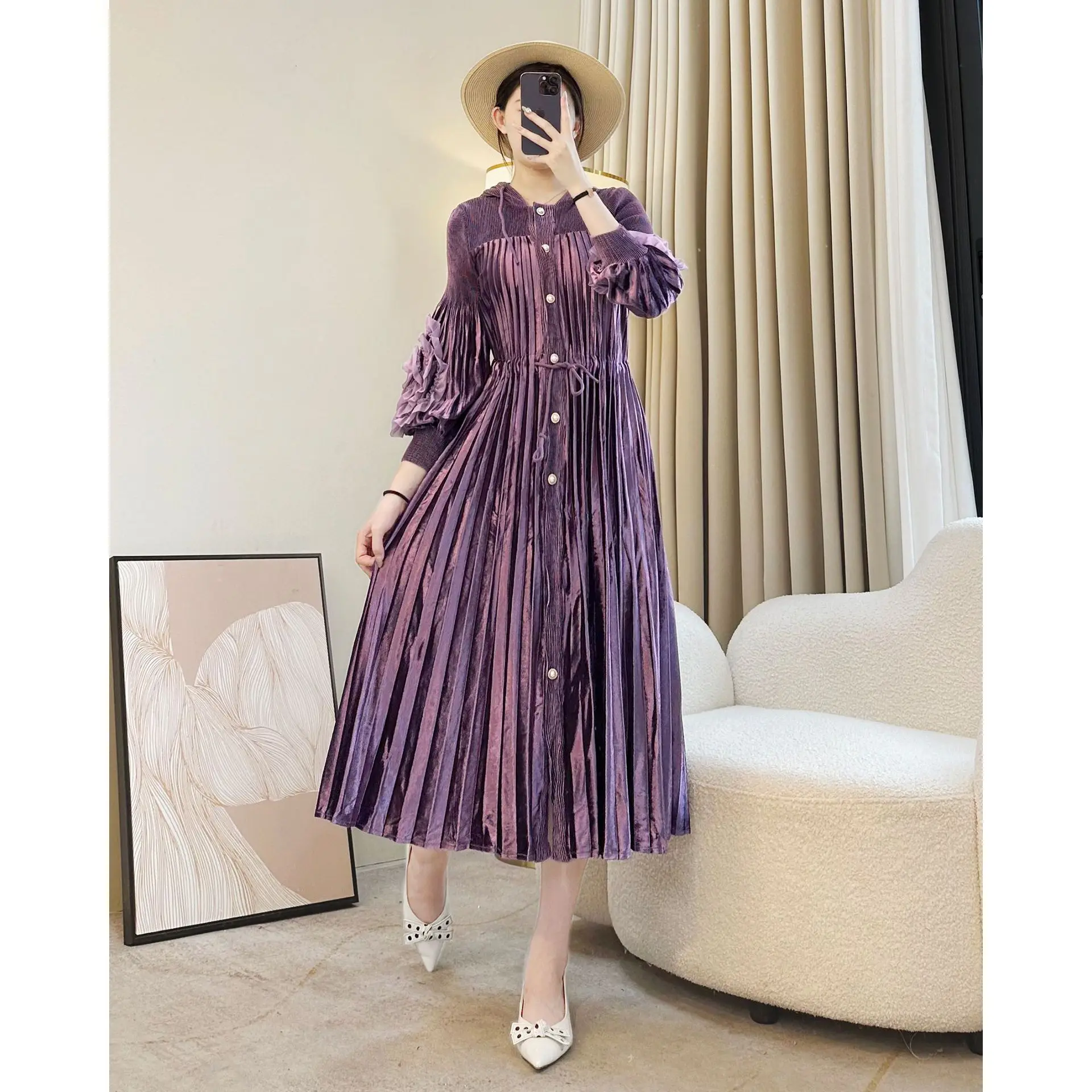 

Elegant Pleated Long Dress for Women, Velvet Texture, Button Down Maxi Dress with Long Sleeves, Autumn Winter Fashion