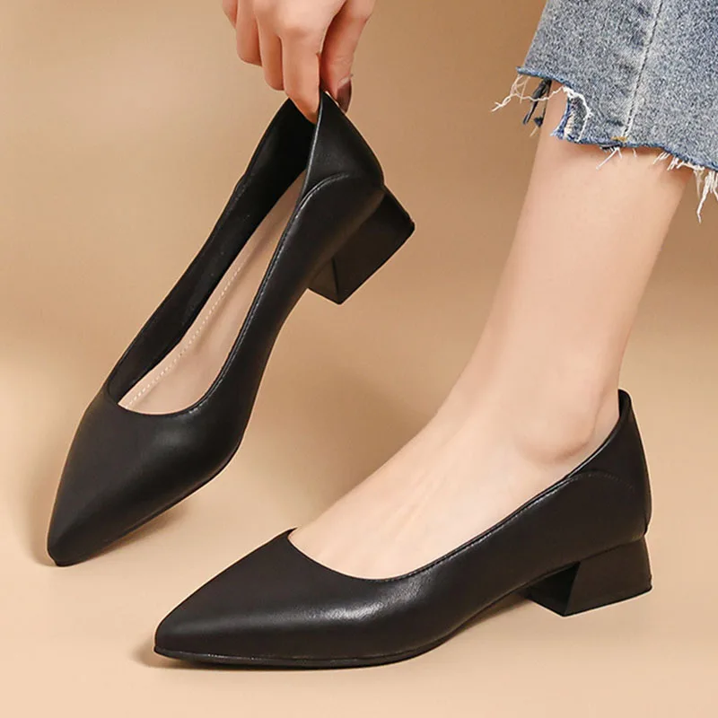 Women Black Pu Leather Pointed High Heels 2025 Spring Office Lady Sandals Elegant Basic Pumps For Woman Chic Thick Heel Shoes