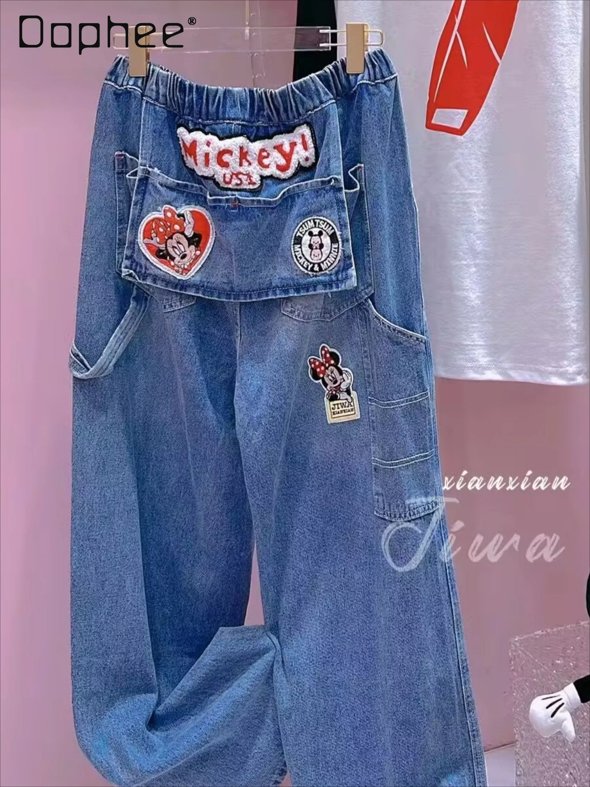 2024 Autumn New Cartoon Jeans Embroidery High Waist Straight Pants Loose Mopping Wide Leg Pants Kawaii Clothes women jeans